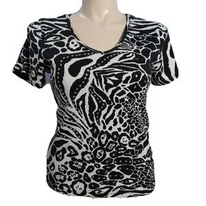 Take Two Clothing LARGE Top White Black Graphic Zebra Stripe Sequin Embellish